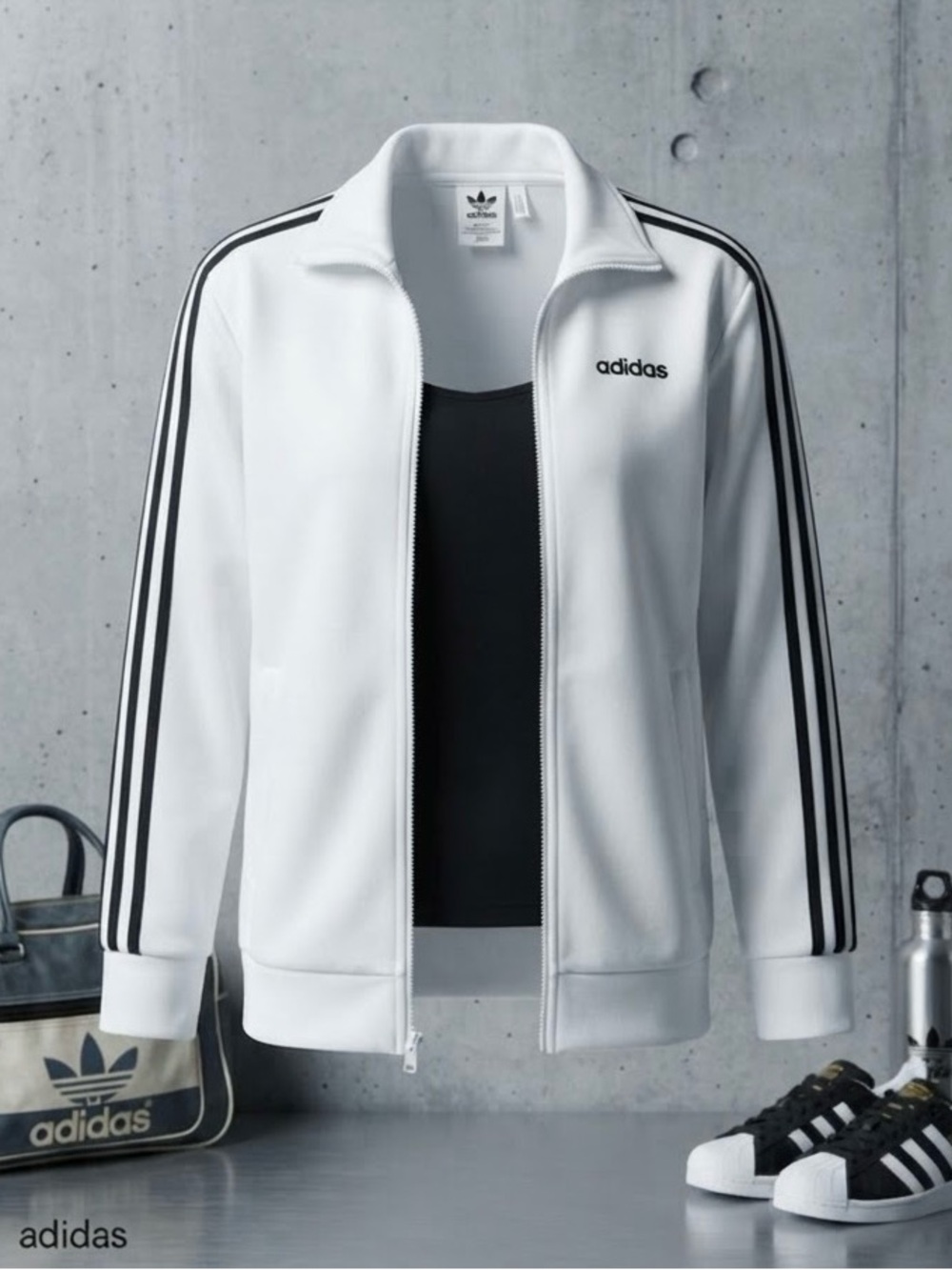 adidas White full zip Track Jacket with 3 Black stripes size Large